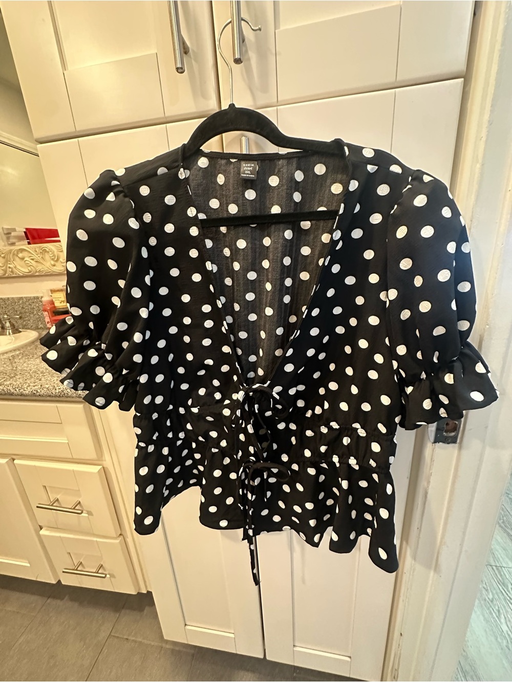 SHEIN Black and White Polka Dot Tie-Front Peplum Blouse